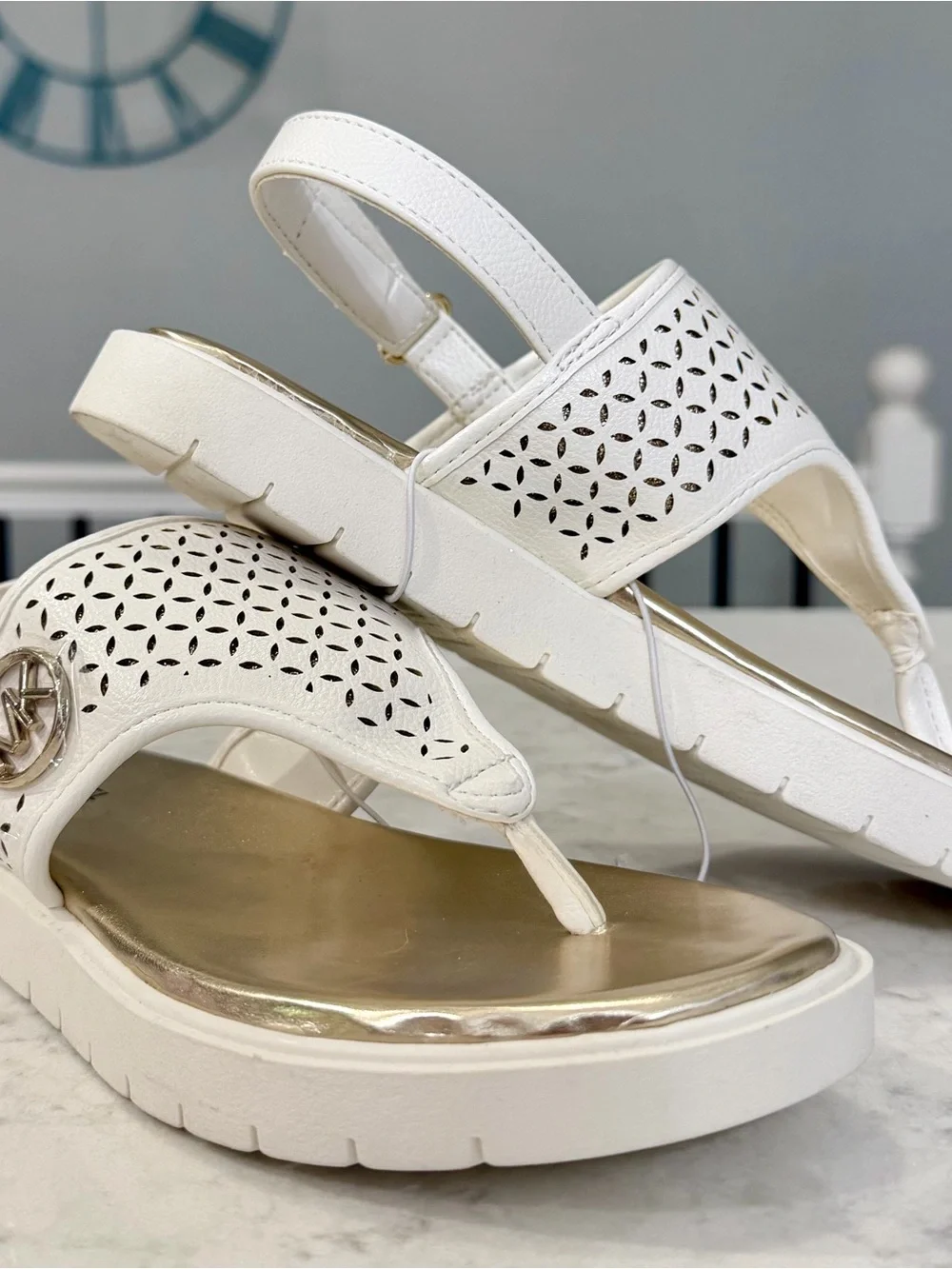 Michael Kors White Perforated Thong Sandals with Gold Footbed